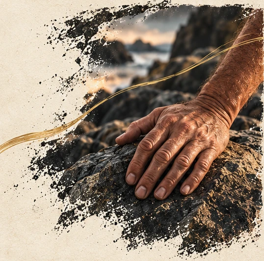 Eine Hand findet Halt auf einem Küstenfelsen