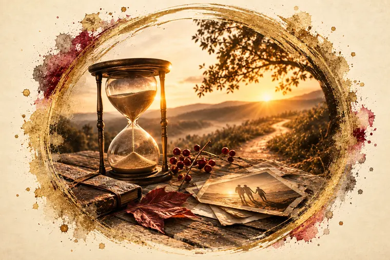 Sanduhr mit alten Fotografien und Herbstlaub vor einer Abendlandschaft