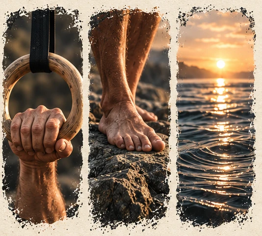 Eine Hand am Ring, barfuss auf dem Felsen und ruhige Wellen im Abendlicht
